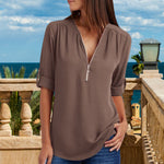 V Neck Zipper Plain Blouses