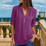 V Neck Zipper Plain Blouses