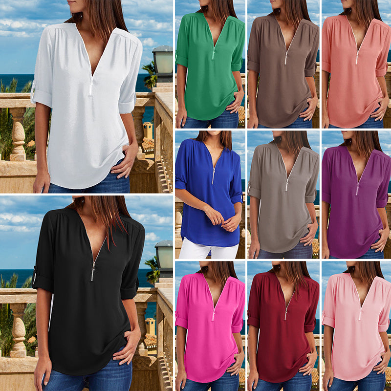 V Neck Zipper Plain Blouses